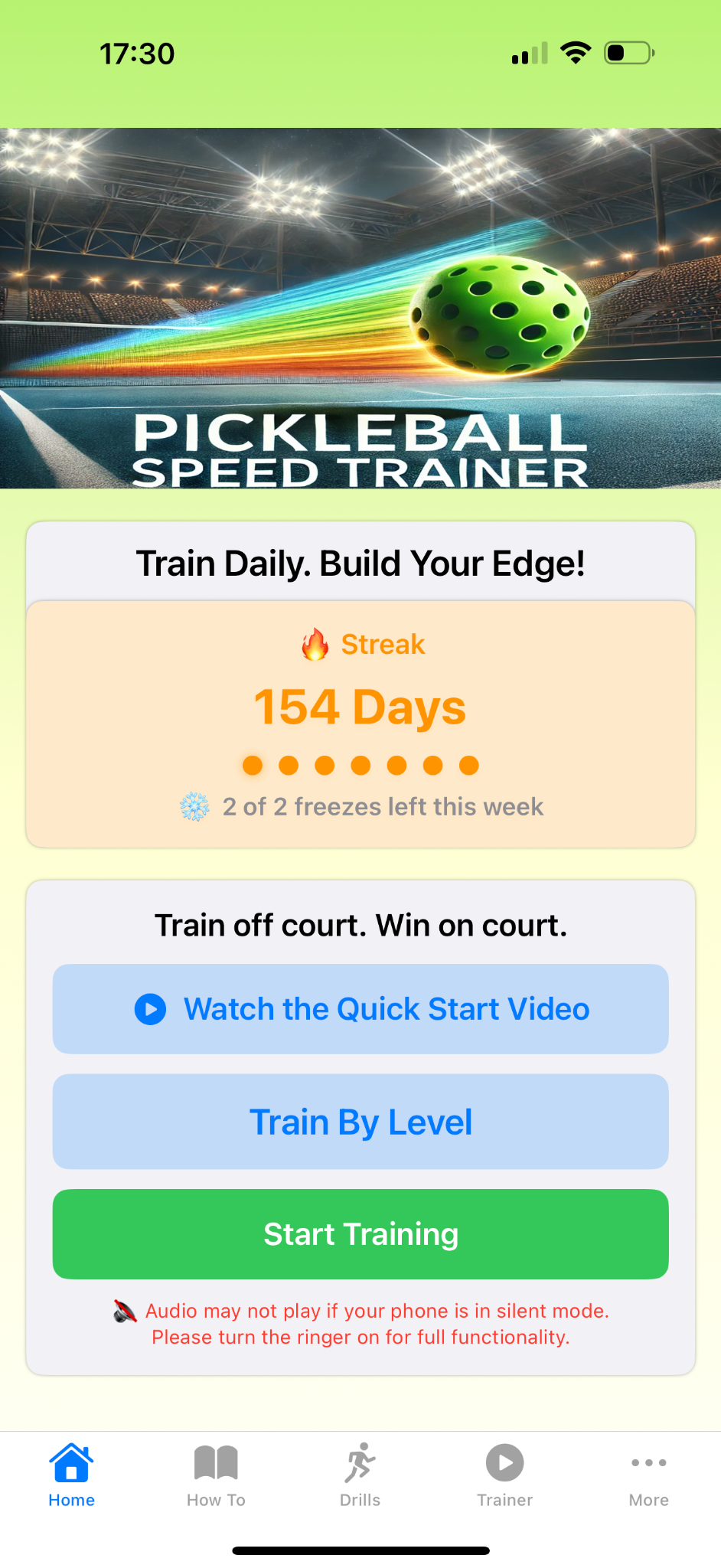 Home: streaks, quick start, and Train by Level