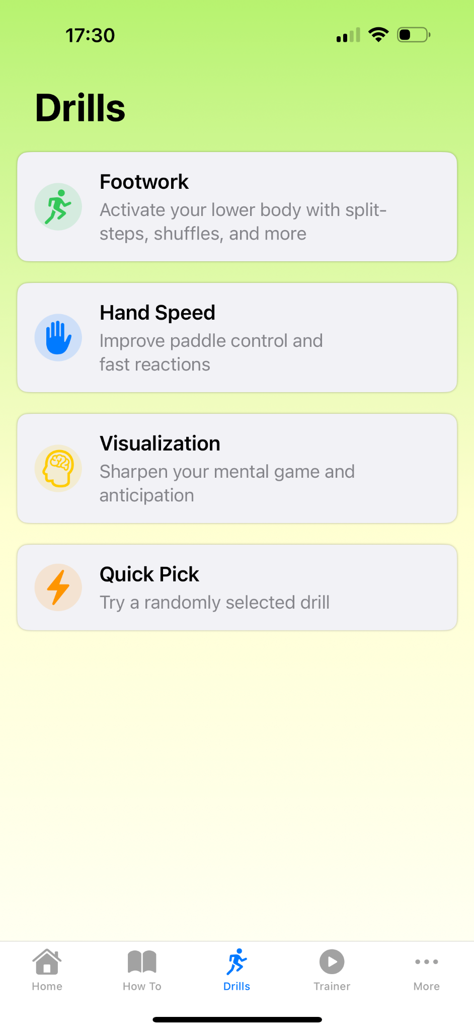 Drills list: Footwork, Hand Speed, Visualization, Quick Pick