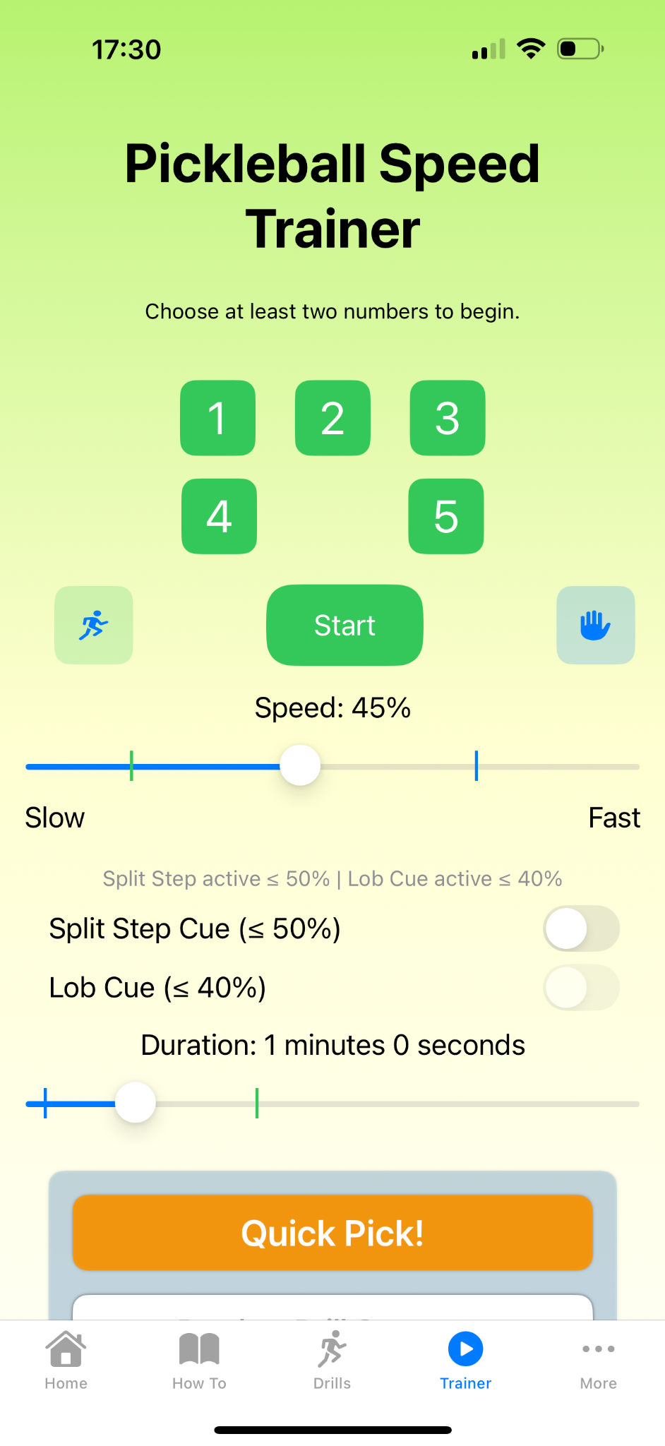 Trainer: select numbers, set speed & duration